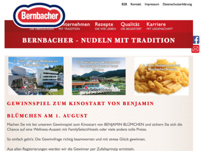 Gewinnspiel: Bernbacher Gewinnspiel: Familienurlaub, Genussurlaub und Halbjahresvorrat Bernbacher Nudeln zu gewinnen