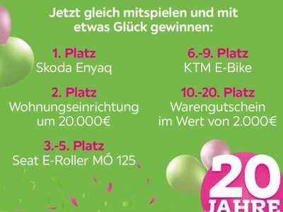 Gewinnspiel: Jubiläumsgewinnspiel! Auto, E-Bike und mehr!